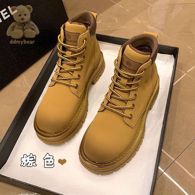 Ddmybear Inner Height Martin Women's 2024 New Autumn And Winter Leather Thick Sole Toe Short High Top Big Yellow Boots Chinese Brand Shoes F1011-