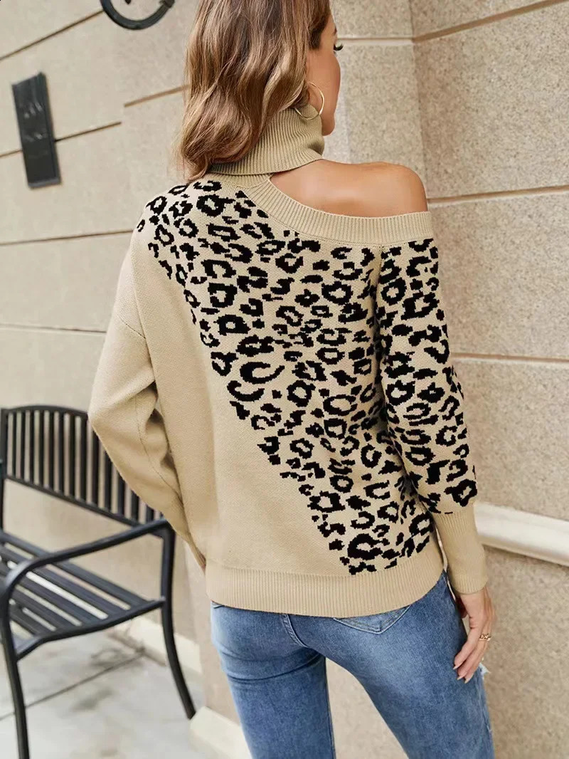 Autumn Knitted Womens Sweater Leopard Turtle Neck Cold Shoulder Warm Sweater Womens Winter Elegant Fashion Womens Wear 240927