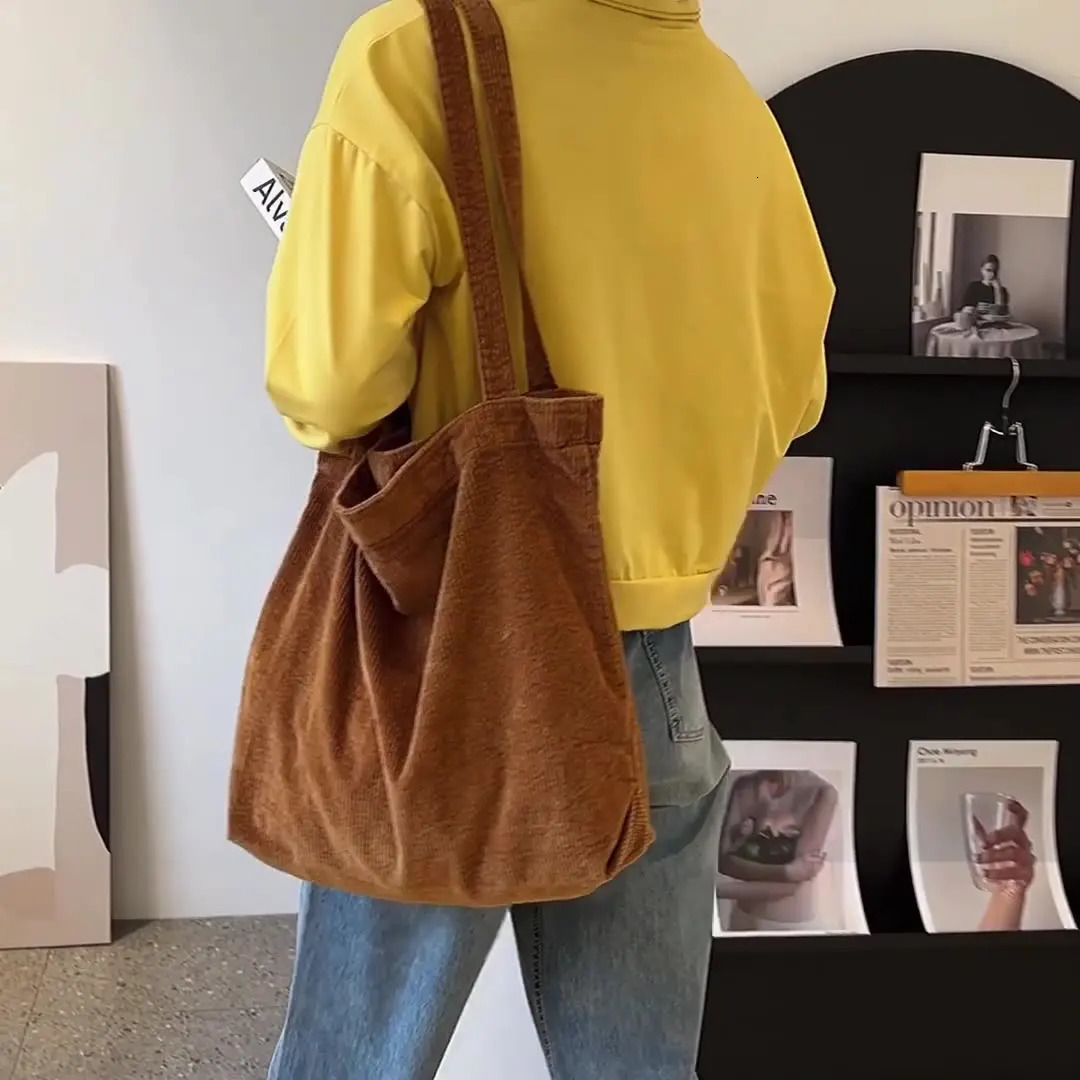 CGCBAG Retro Corduroy Canvas Womens Shoulder Bag Simple Solid Large Capacity Handbag Womens Casual Shopping Bag Handbag 241008