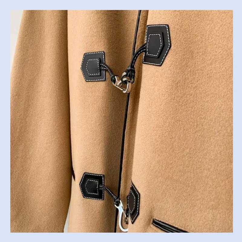 Autumn and winter Swedish leather buckle double-sided woolen loose retro hook elegant womens coat jacketX241009