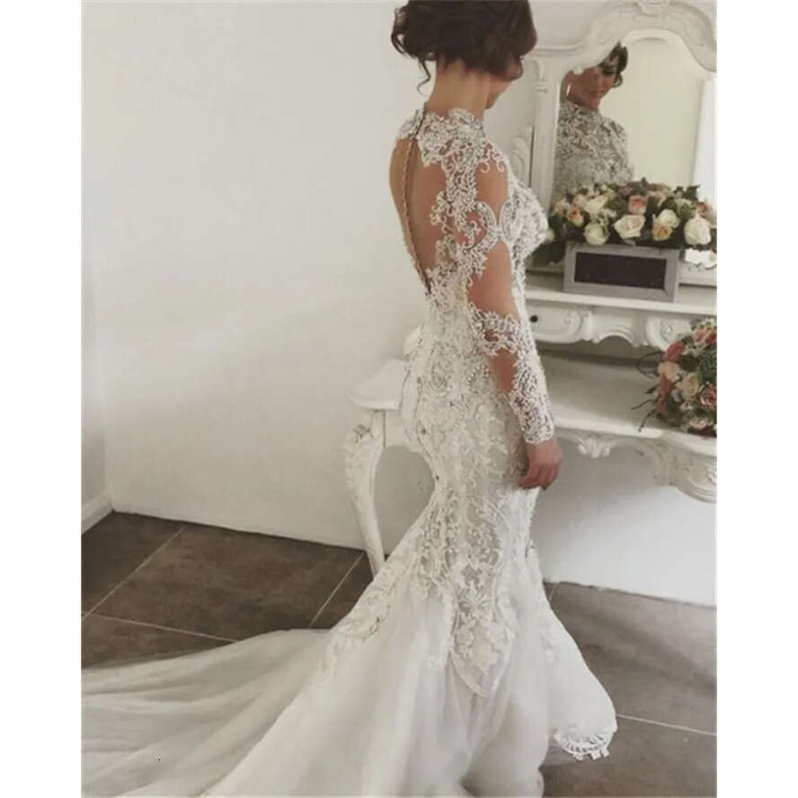 Beaded 2022 Lace Urious Mermaid Dresses Illusion Back Sheer Long Sleeves Plus Size Bridal Gowns Wedding Dress Bc0097