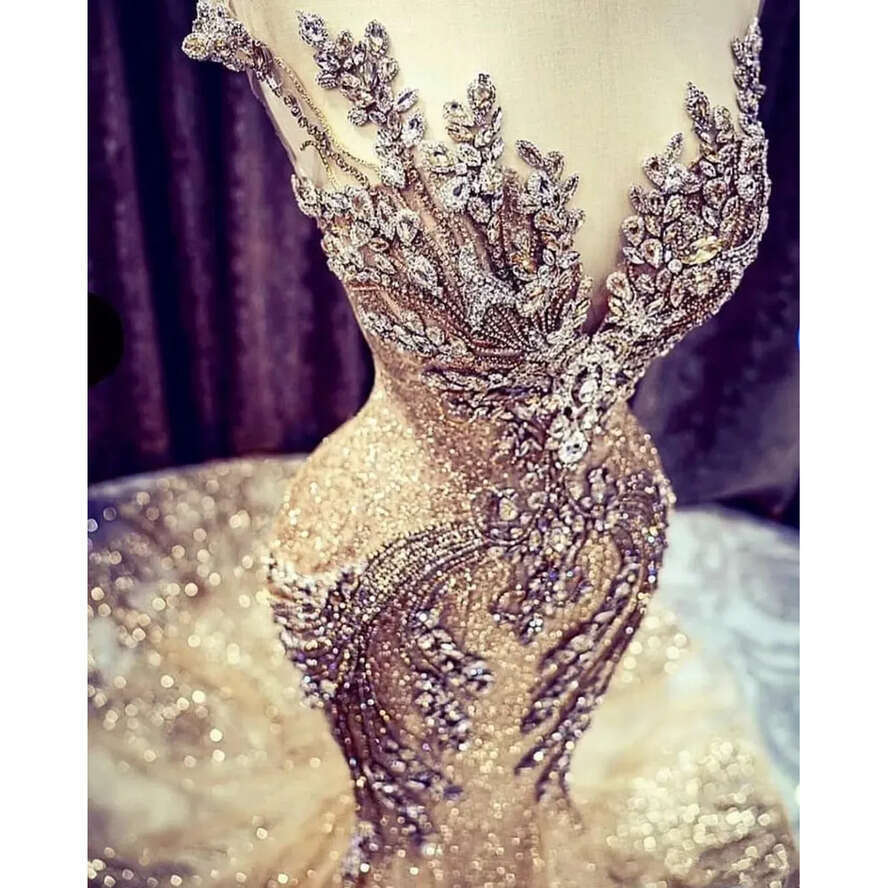 Dresses Mermaid Champagne Sexy Crystal Beads Sequin Lace Sweep Train Wedding Dress Real Picture Sheer Cap Sleeve Bridal Gowns Bc