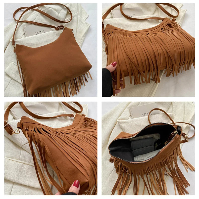 Vintage Tassel Womens Cross Bag Large Capacity Casual Edge Shoulder Bag Outdoor Travel Womens Handbag 241008