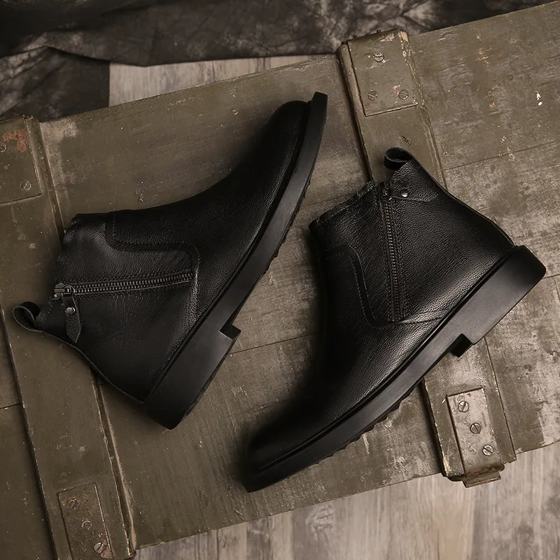 Mens round head zipper leather Korean version retro ankle warm boots men British style M920 240929