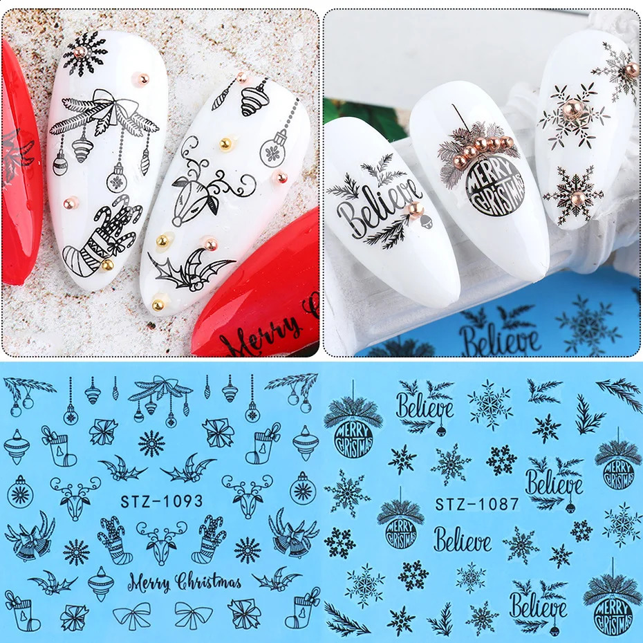 16 pieces of black nail stickers Christmas reindeer tree snowflake water transfer stickers Christmas winter nail accessories SASTZ1082-1097-1 241008