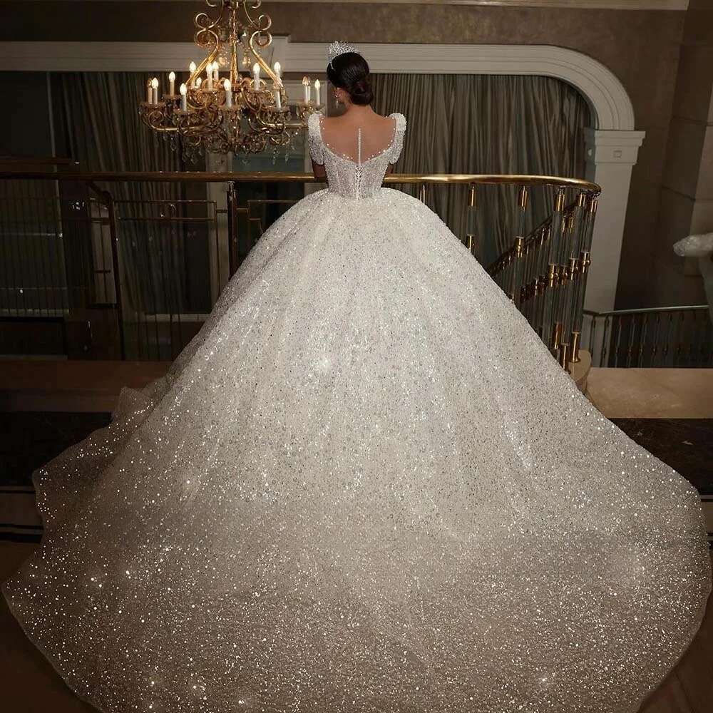 ful O Neck Sparkly Wedding Dress Sequins Beading Shiny Short Sleeve Illusion Princess Bride Dresses Vestidos De Novia