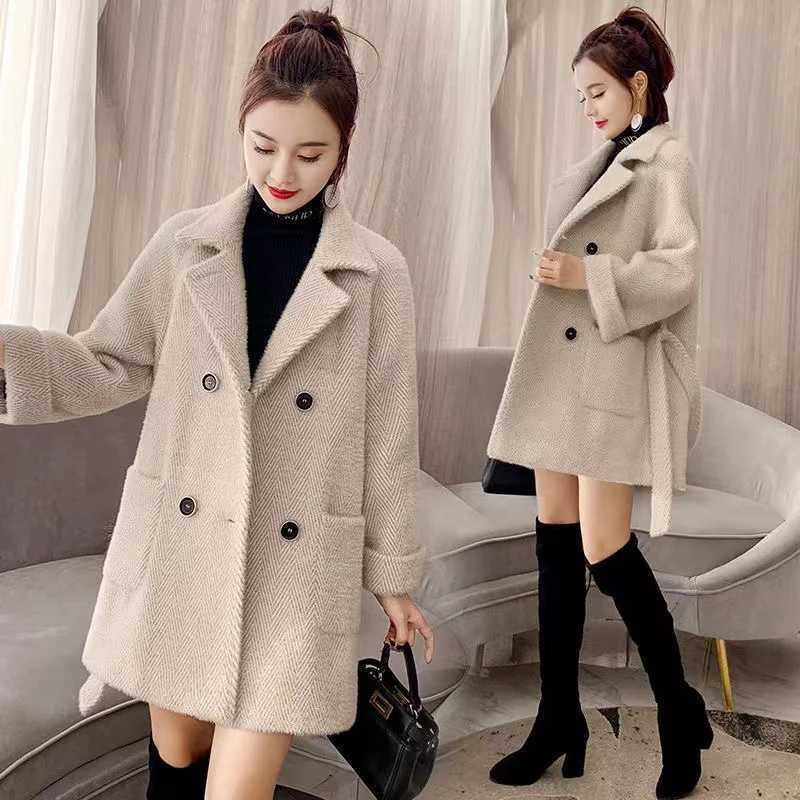 Autumn Winter New Thicken Imitation Mink Velvet Woolen Jacket 2024 Women Fashion Hepburn Style Wool Blend Coat Elegant OutwearX241009