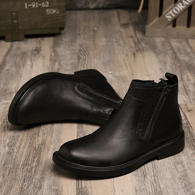 Mens round head zipper leather Korean version retro ankle warm boots men British style M920 240929