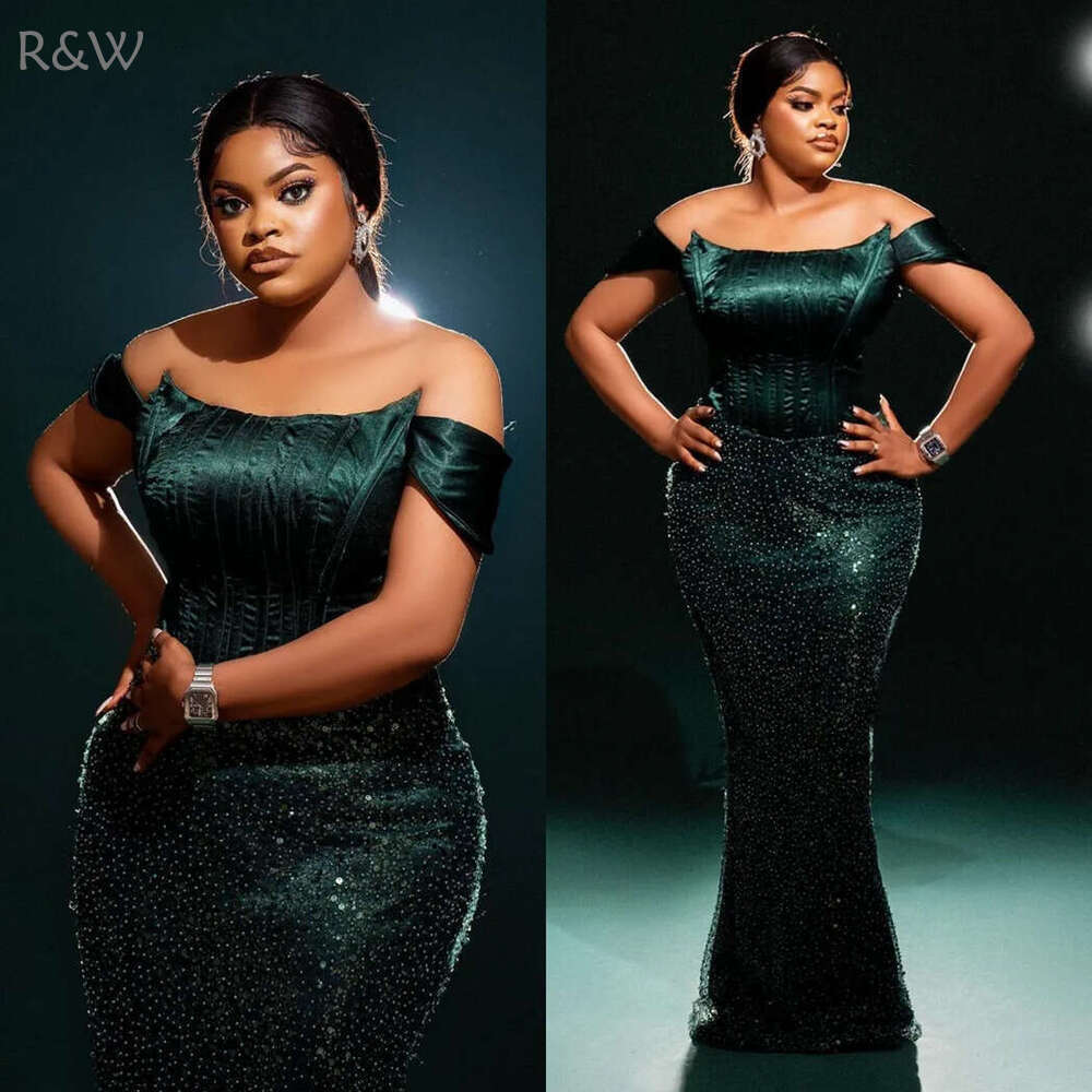 R&W 2024 Plus Size Green Prom for Special Ocns Promdress Off Shoulder Sequined Lace Evening Dresses Elegant Birthday Dress Second Reception Gowns AM80