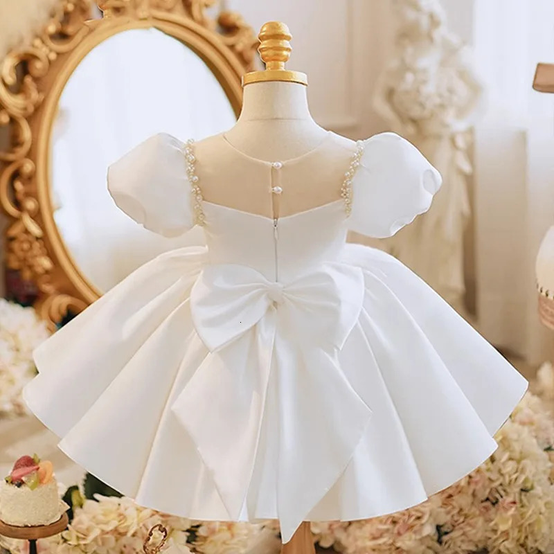 Preschool Baby Dress Bow Baptist Dress Girls 1st Birthday Party Wedding Bead Dress Formal Occasion Tutu Fluffy Dress 241008