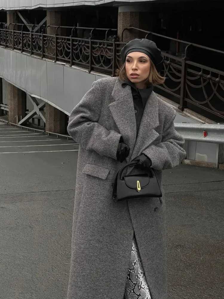 Gray Casual Womens Jacket Coat Woolen Notched Double Breasted Elegant Back Split Loose Outwear 2024 Autumn Chic Street CoatsX241009