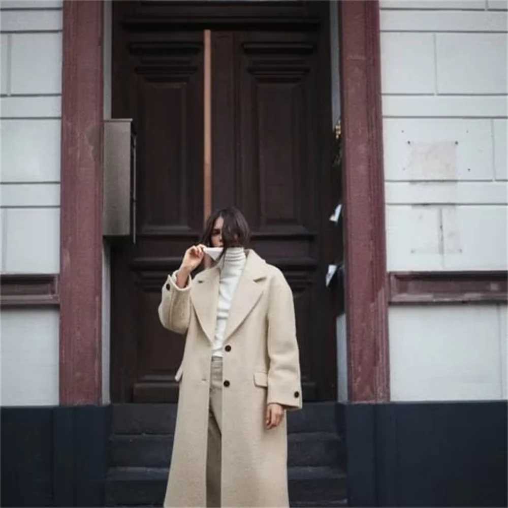 UNIZERA 2023 Autumn/Winter New Product Womens New Fashion Casual Polo Collar Long Sleeve Medium Length Woolen CoatX241009