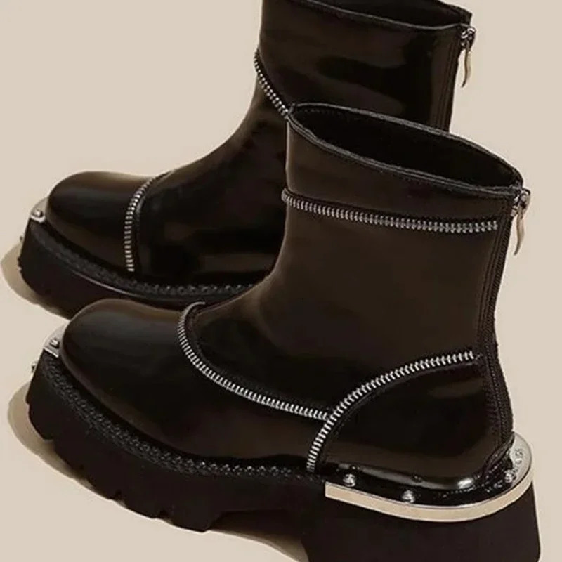 Womens shoes high-quality zippered womens boots autumn round toe solid short bucket middle heel waterproof British boots 241007