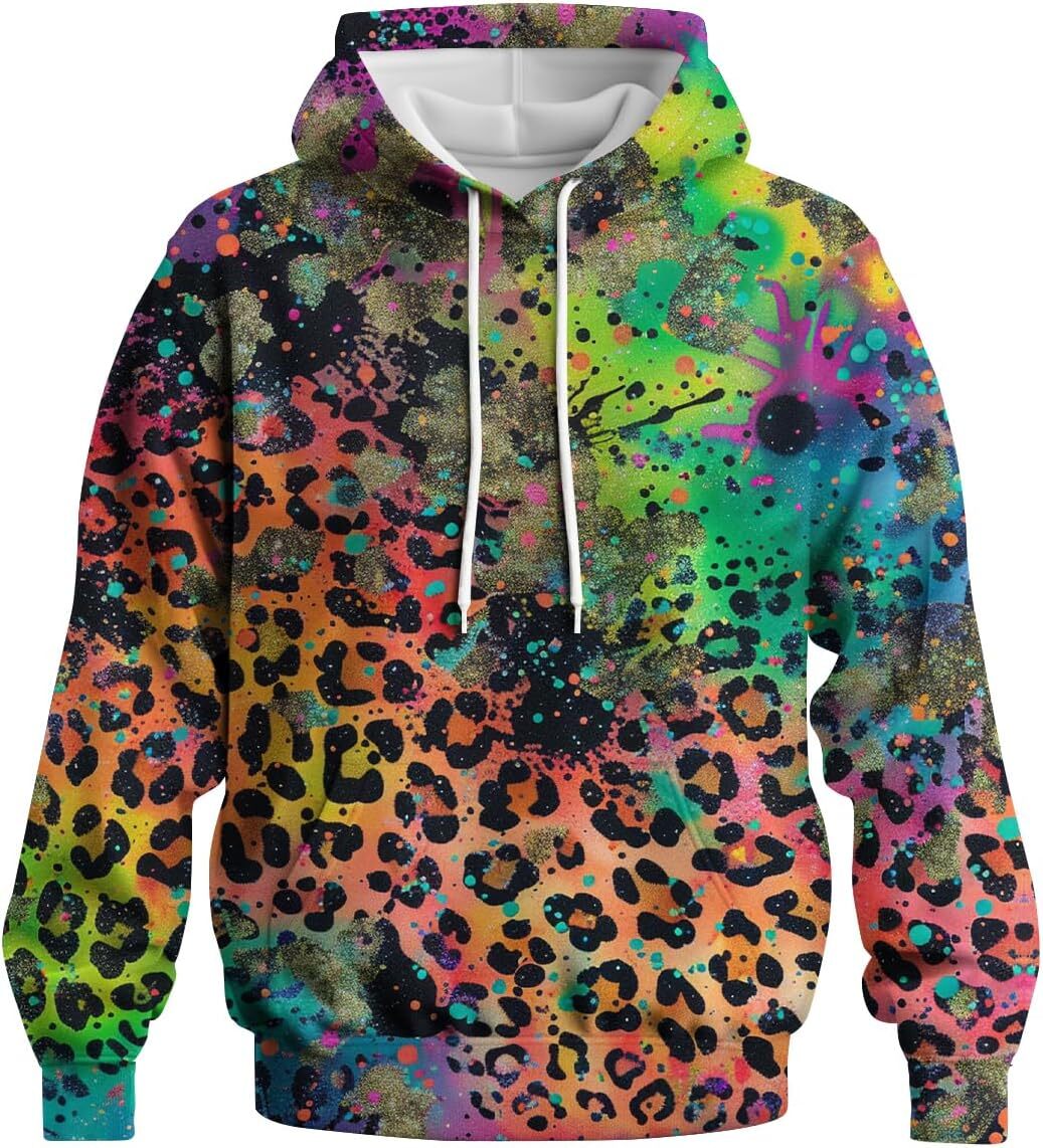 Hoodie for Mens Womens Men Women Neon Hoodies Colorful Graphic Hooded Fashion Leopard Print Long Sleeve Pullover Sweatshirt With Pocket Graphic tracks
