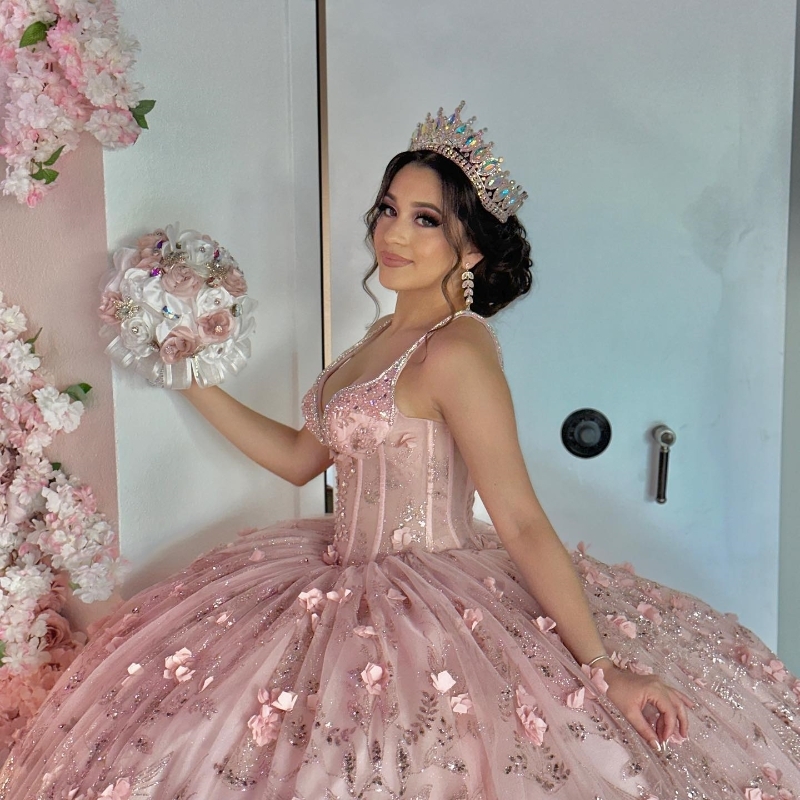 Pink Sequins Quinceanera Dresses Ball Gown Sequin Lace Applique Flower Beads Crystal Tull Mexican Corset Sweet 16 Vestidos De 15 Anos