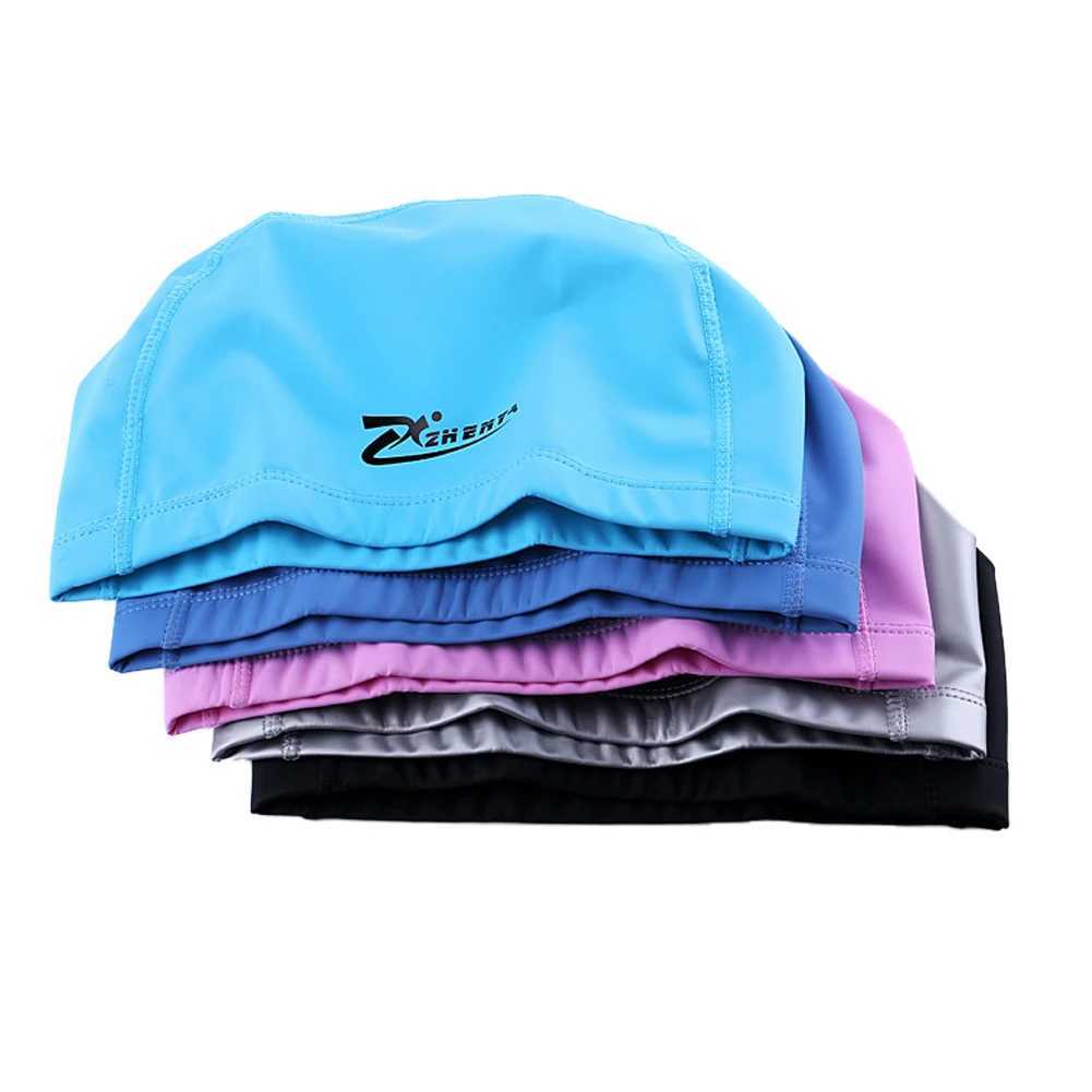 Womens no size elastic waterproof PU fabric diving cap long hair earmuffs waterproof sports pool cap CL241009