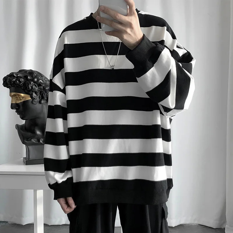 Spring Autumn Mens Fashion Striped Tshirt Youth Round Neck Long Sleeve Bottomed Shirts Pullover 241009