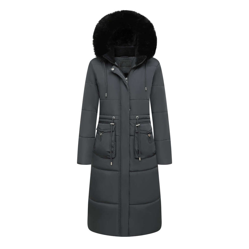 2024 new long cotton jacket for women drawstring waistband hood with plush insulation and windproof design tailored to the US market