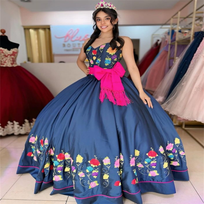 Charro Mexican Style Navy Quinceanera Dresses With Embroidery Corset Fifteen Birthday Formal Party Dress Debutante Vestido De 15 Xv Anos Sweet 16 Birt