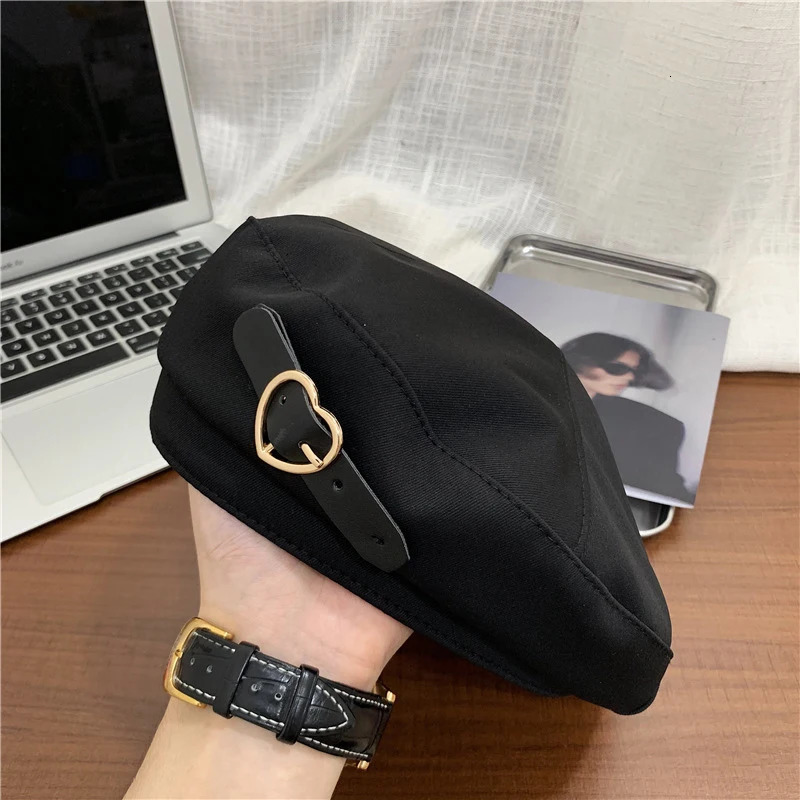 metal heart-shaped buckle black beret autumn winter warm hip-hop hat retro elegant womens decorative hat 241007