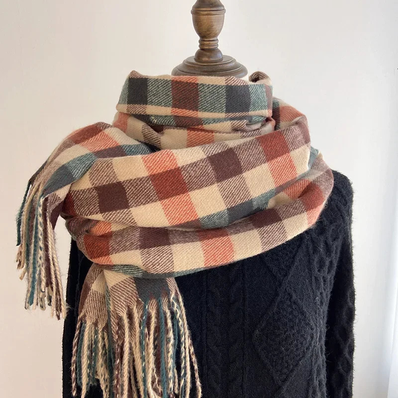Pamwallymensa Womens Scarf Winter Tippet Scarves for Ladies Plaid Shawls Warm British Style Thicken Man 241009
