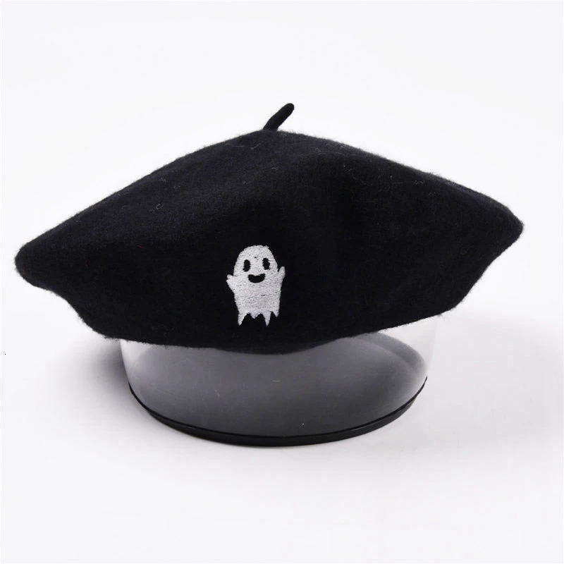 Embroidered Ghost Personalized Halloween Party Solid Color Beret Neutral Autumn Winter Warm Womens Hat Halloween Hat 241007
