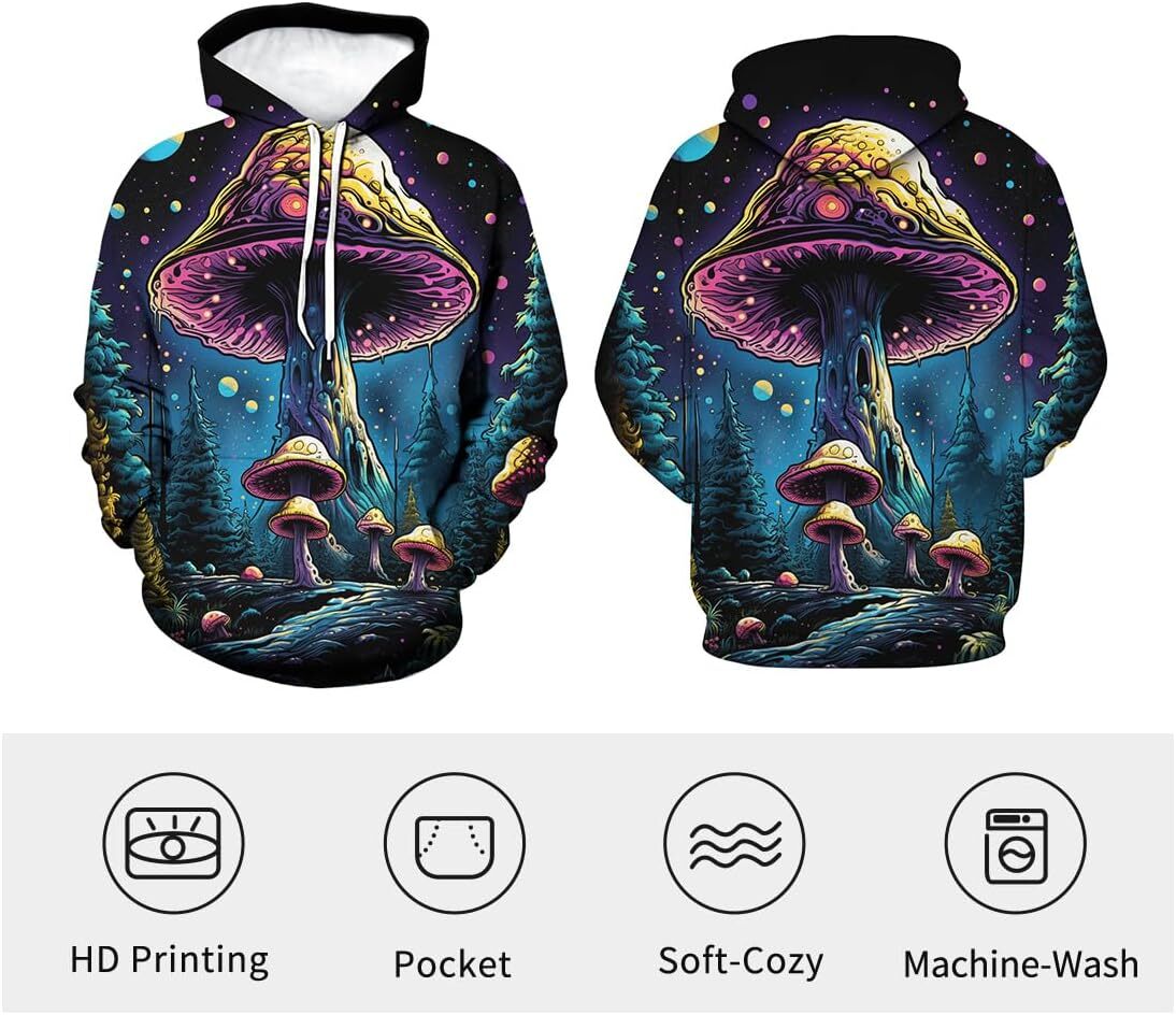 Hoodie for Mens Womens Unisex Funny Mushrooms Hoodie 3D Novelty Art Pattern Drawstring Long Sleeve Sweatshirt Hoodies Graphic Hoodies sweatshirt