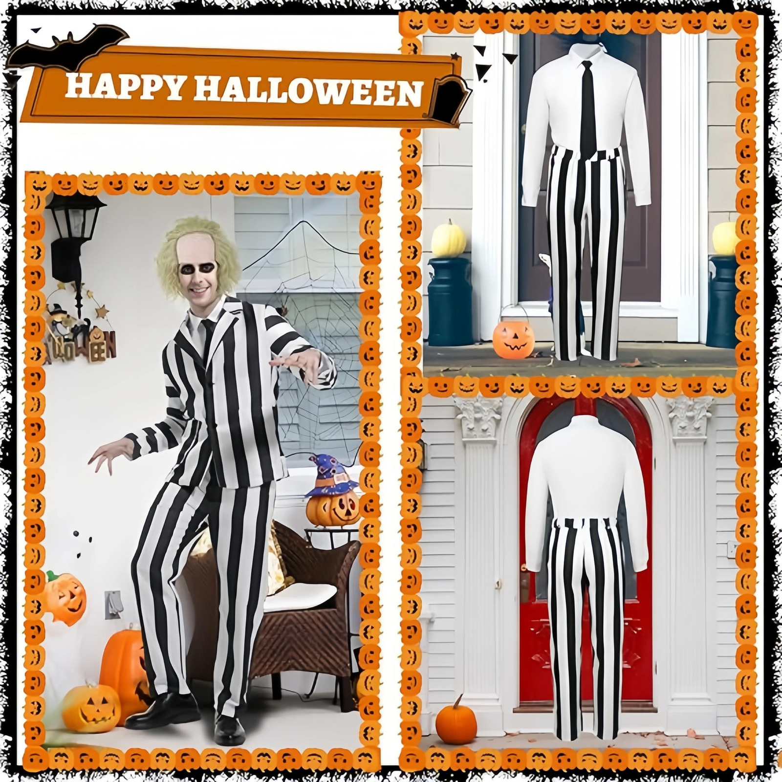 Beetle Juice Mens Black and White Stripe Set Horror Halloween Costume Wig Tie Shirt for Role Playing Parties 241009