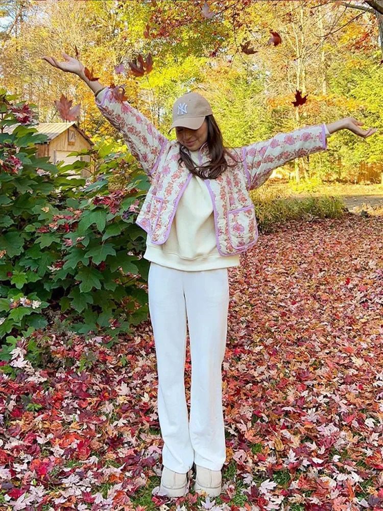 Casual printed womens cotton coat elegant stand up collar casual jacket womens quilted jacket autumn and winter top 241007