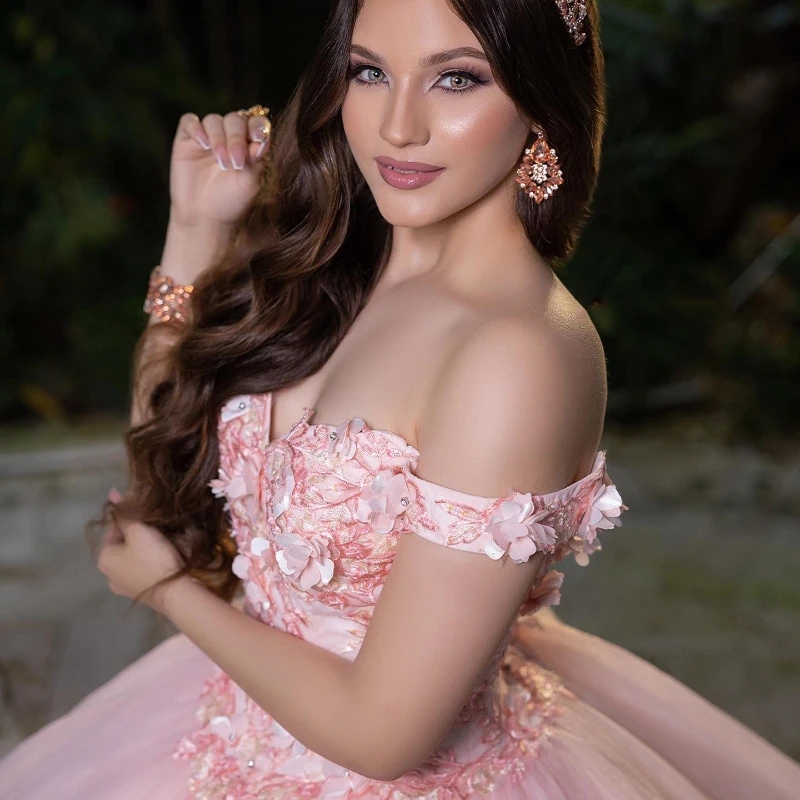 Pink Sweetheart Quinceanera Dresses Off Shoulder Appliques Lace Tull Birthday Princess Gowns Vestidos De 15 Anos Sweet 16 Dress