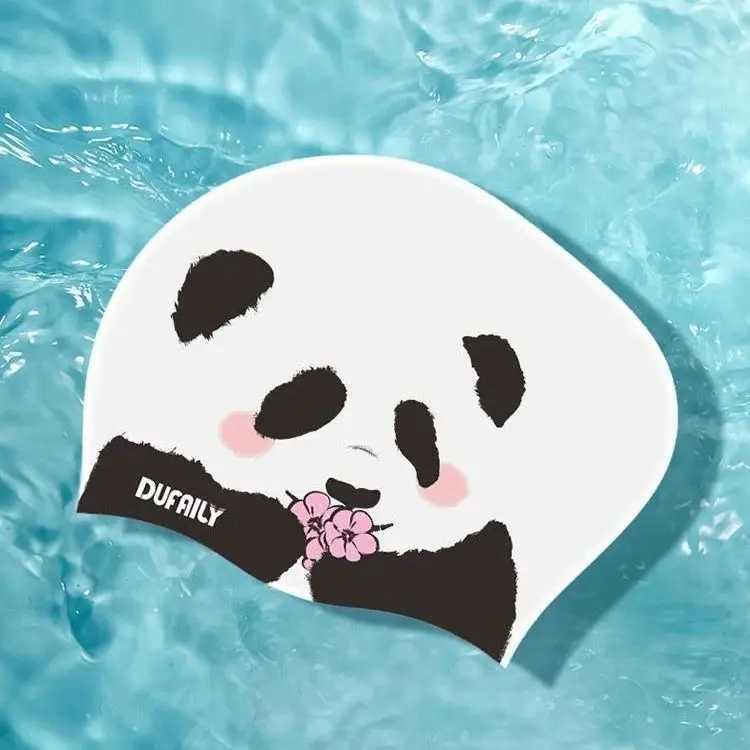 Swimming cap womens silicone adult training universal solid cute large comfortable tangle free waterproof printing panda CL241009