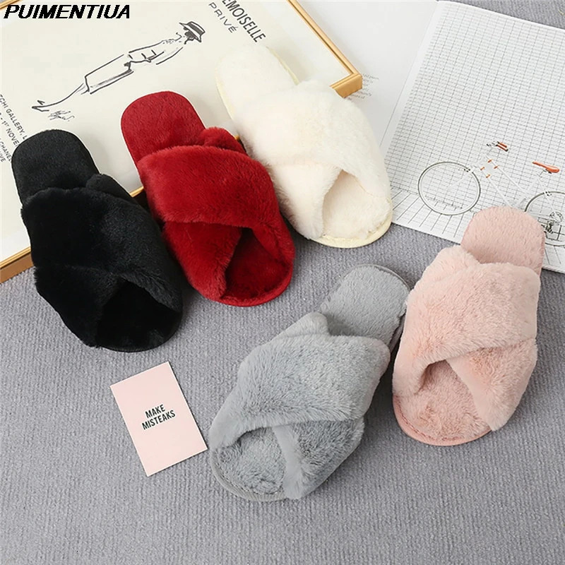 Womens Winter Home Fur Sliding Block Womens Cross Fluffy Fur Home Sliding Block Flat Board Shoes Womens Flip Cover 241007