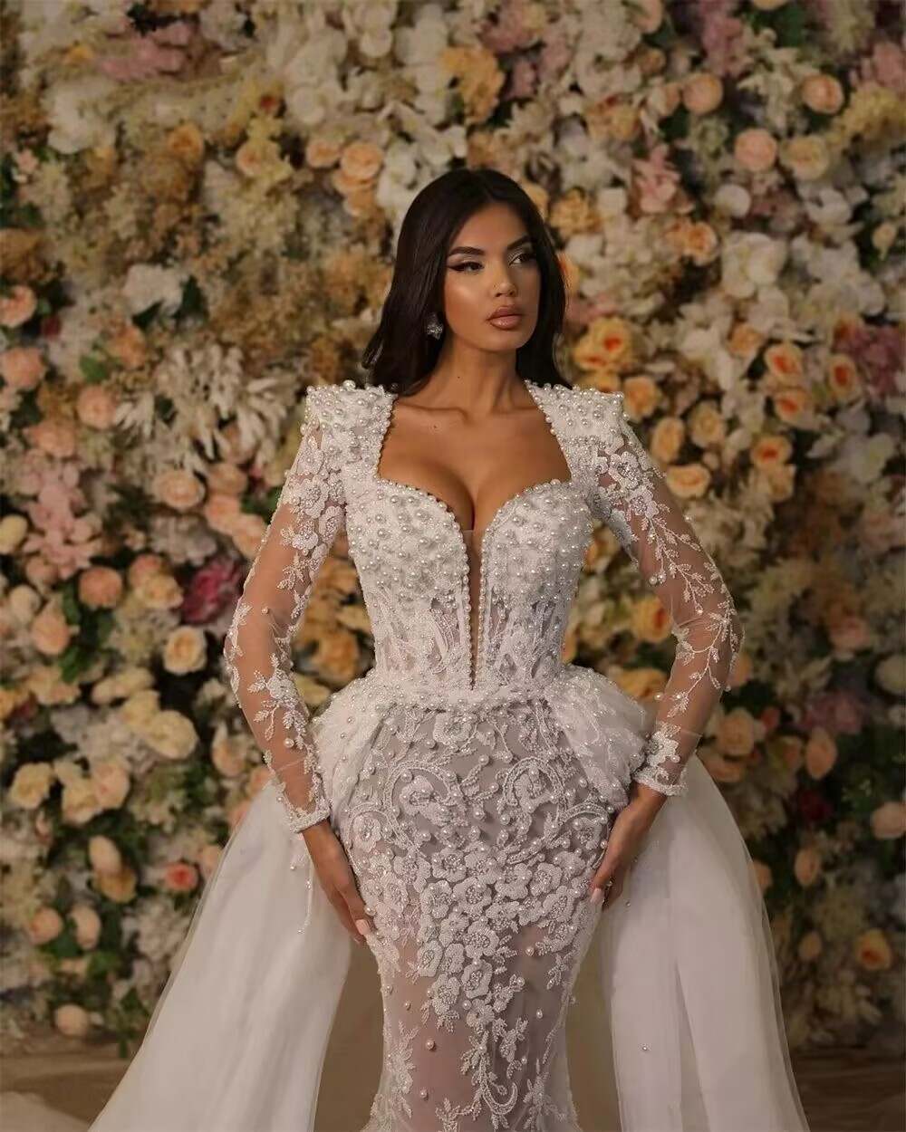 Exquisite Mermaid Wedding Dress Beading Pearls Sweetheart Neck Long Sleeve Bride Gowns Appliques Bridal Dresses Custom Made