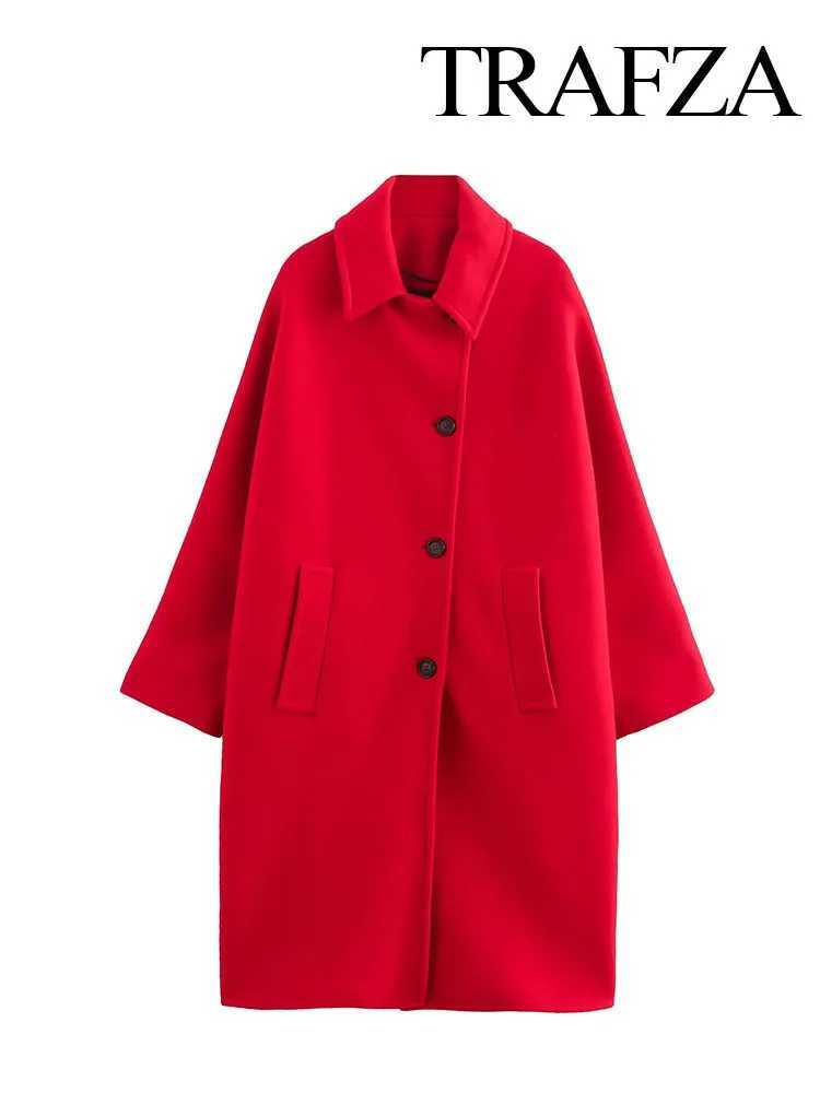 TRAFZA Womens Winter Elegant Casual Coat Red Turn-Down Collar Long Sleeves Pockets Single Breasted Women New Fashion CoatsX241009