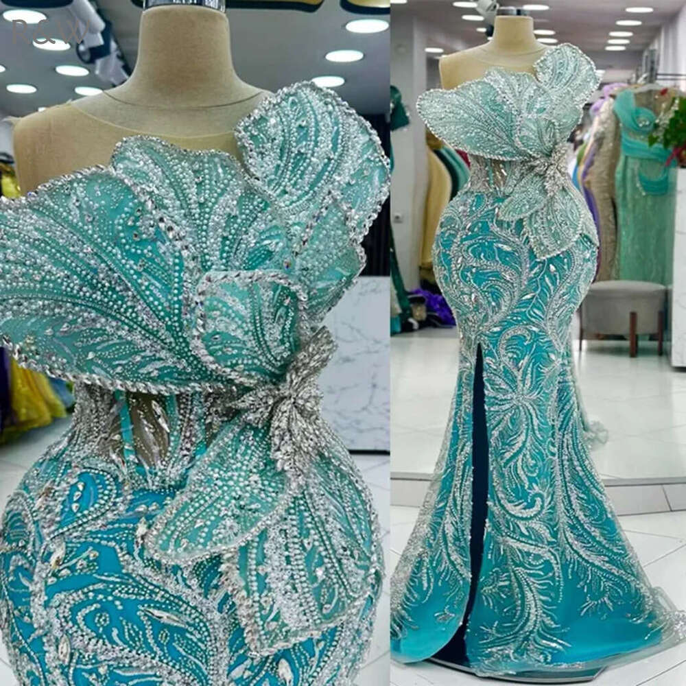 R&W 2024 Plus Size Mint Prom Evening Dresses Illusion Mermaid Promdress Beaded Lace Side Split ra Rhies Birthday Dress Second Reception Gowns AM1587