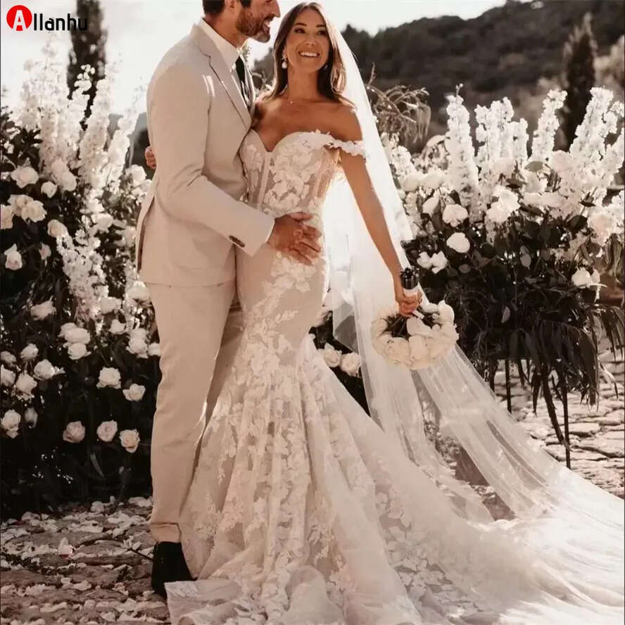 Mermaid 2022 Vintage Lace Wedding Dress Off The Shoulder Illusion Zip Back Sweep Train Bridal Gowns Appliqued Lady Marriage Dresses 5S4 es