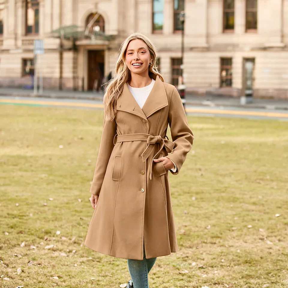 GK Women Coat Button Winter Woolen Fabric Overcoat Stand Collar Single Breasted Below Knee Coat Streetwear Woman OuterwearX241009