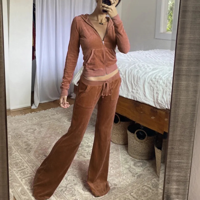 Velvet autumn womens track and field clothing loose hooded jacket wide leg pants jogging casual fitness sportswear 241007