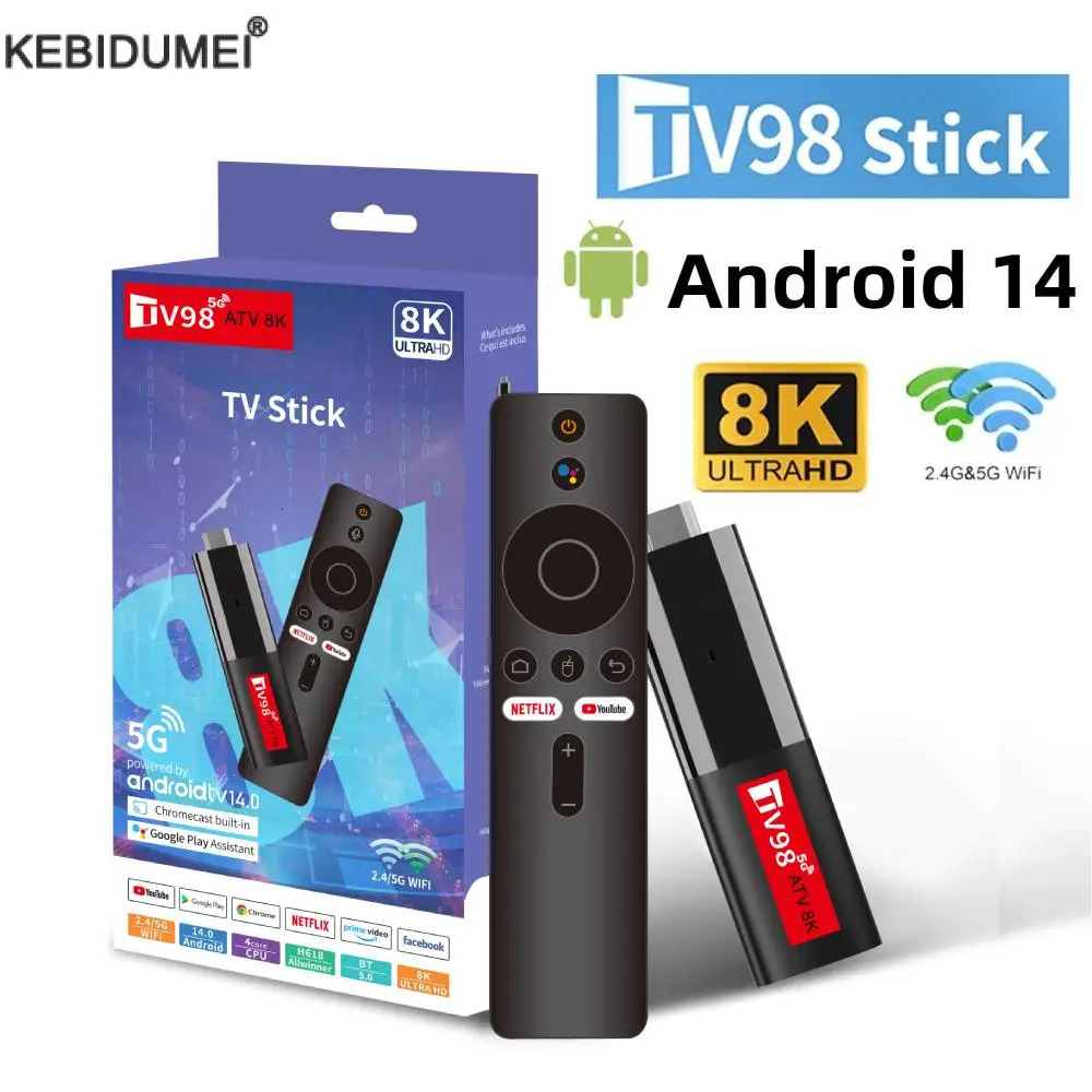 TV98 ATV Smart TV Stick Android 14 H618 24G 5G WiFi prend en charge OTA 8K Media Player Receiver BT50 2GB 16 Go de télécommande de voix 241007