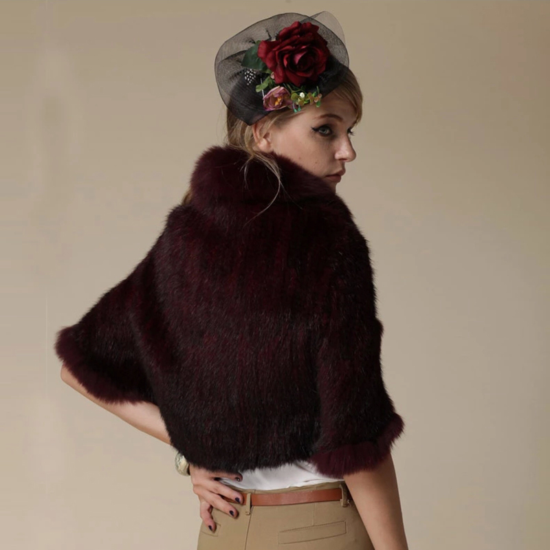 New Real Genuine Natural Knitted Mink Shawl Coat With Fox Fur Collar Womens Fashion Knit Jacket Cape