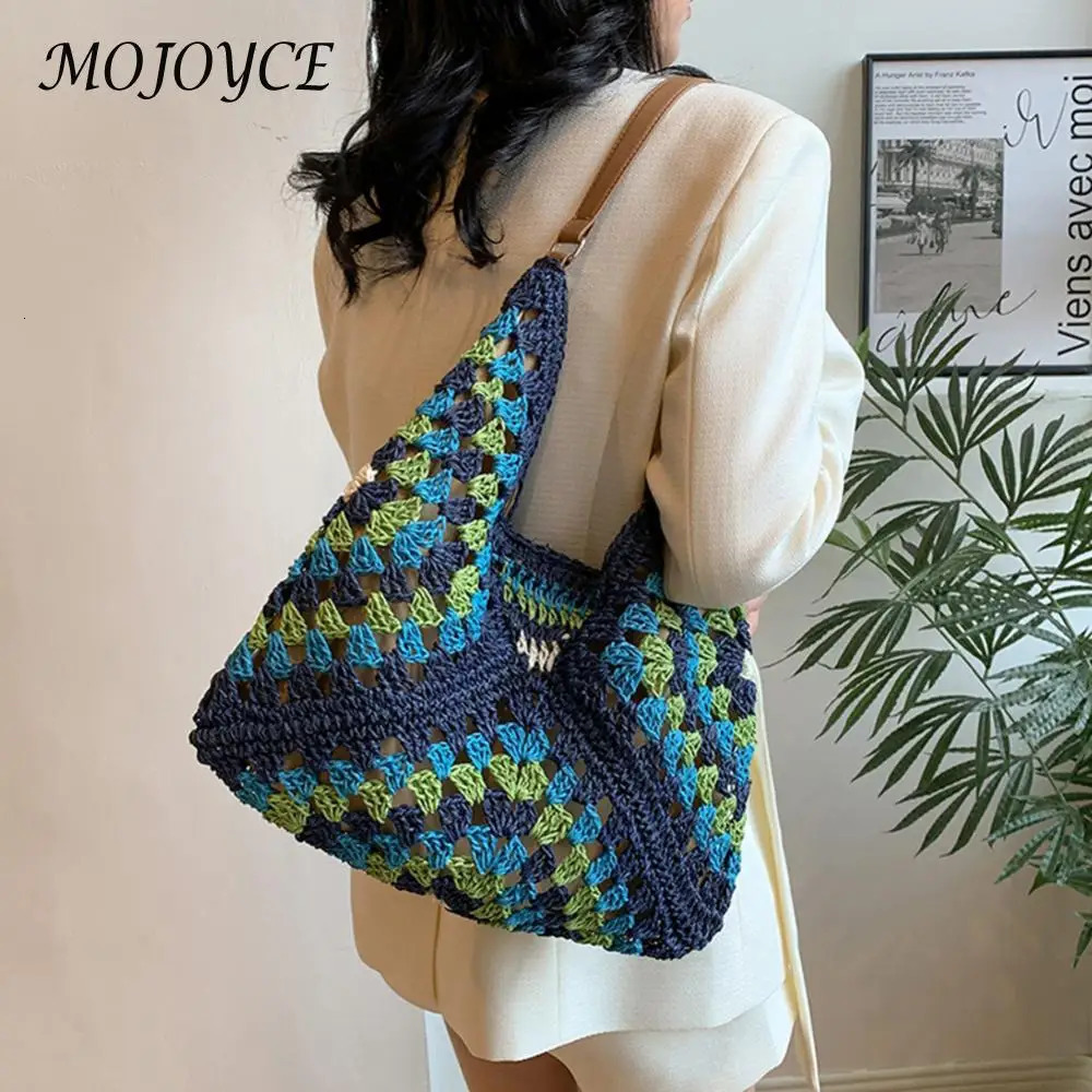 Womens Fashion Grandma Bag Large Capacity Crochet Stray Bag Hollow Handbag Patch Work Buckle Close Outdoor Travel 241008