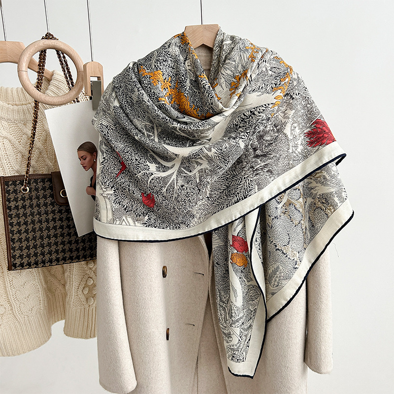 Scarves Silk wool square scarf for women's autumn and winter warmth, high-end feeling, 140 silk wool tropical jungle fashion silk scarf