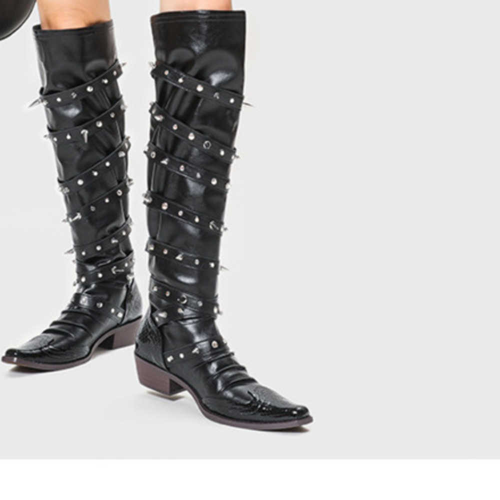 Punk Gothic Style Fashion Boots Wide Tube Cowboy Boots Pointed Pile Martin Boots For Women Rivet Long Tube Boots 240826