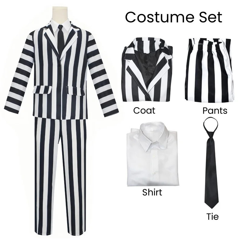 Beetle Juice Mens Black and White Stripe Set Horror Halloween Costume Wig Tie Shirt for Role Playing Parties 241009