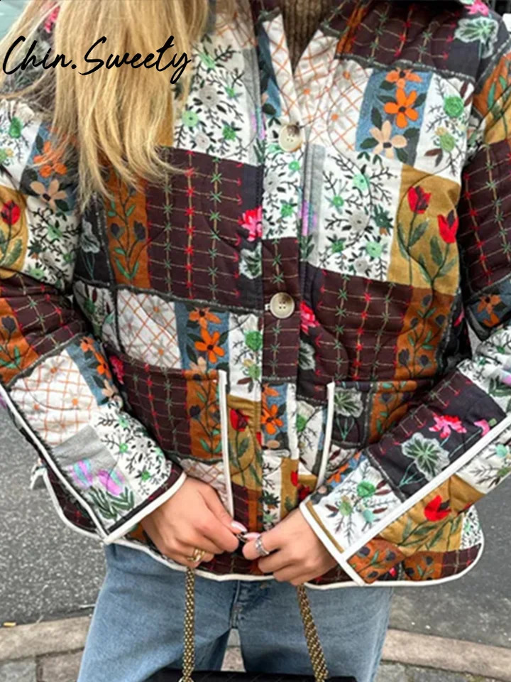 Bohemian printed womens cotton coat casual lapel single chest pocket womens coat autumn winter fashion womens jacket 241007
