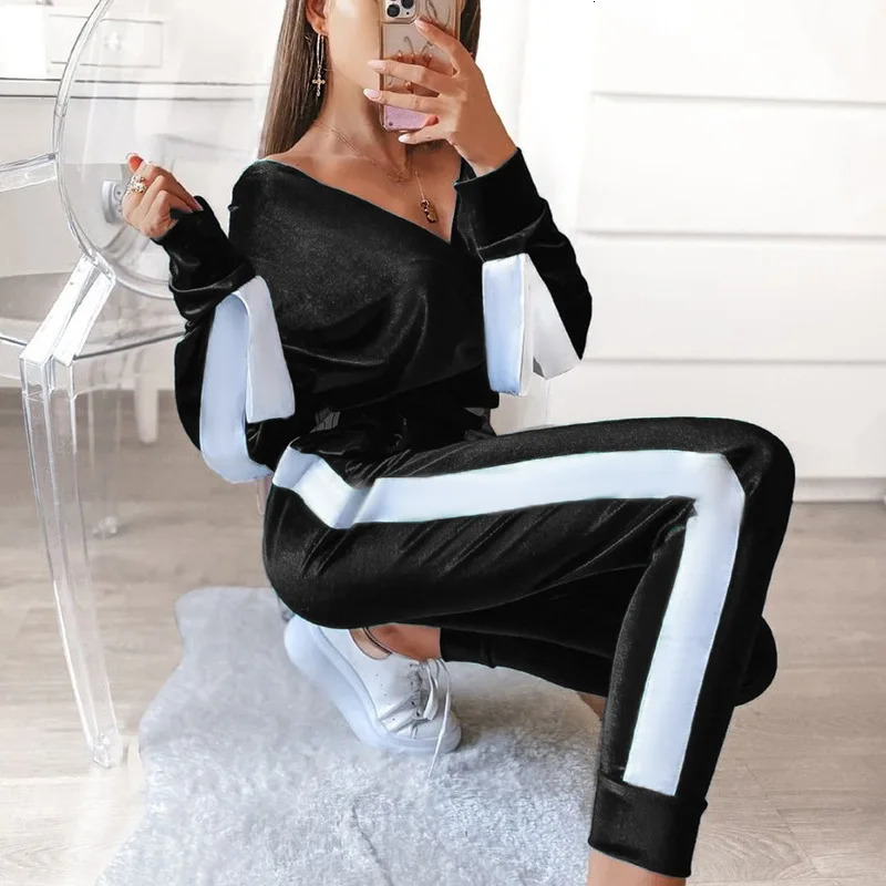 Womens 2piece Velvet Dress Autumn Side Striped Running Set Sportswear Long Sleeve Wrap Vneck Crop TopSports Pants 241007