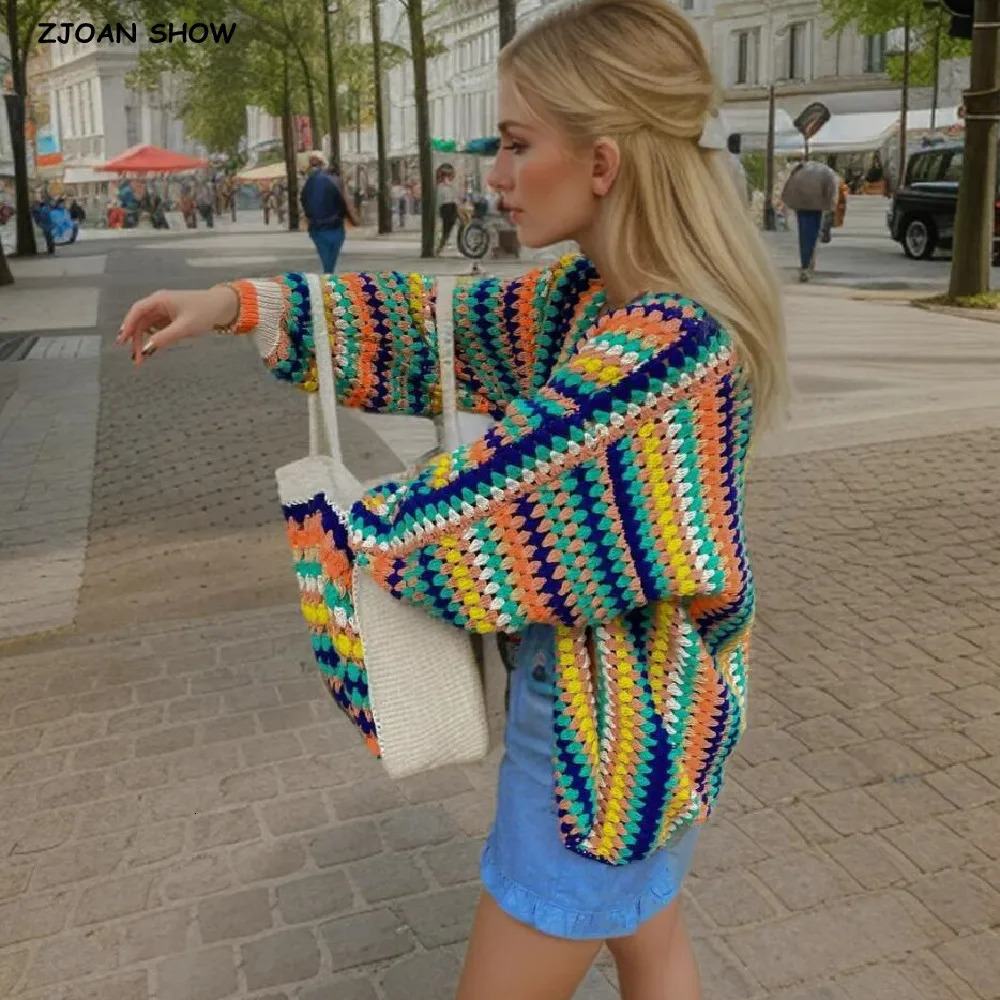 BOHO Contrast Color Geometric Striped Crochet Cardigan Woman Full Lantern Sleeve Sweater Open Stitching Knitwear Jumper Holiday 241009