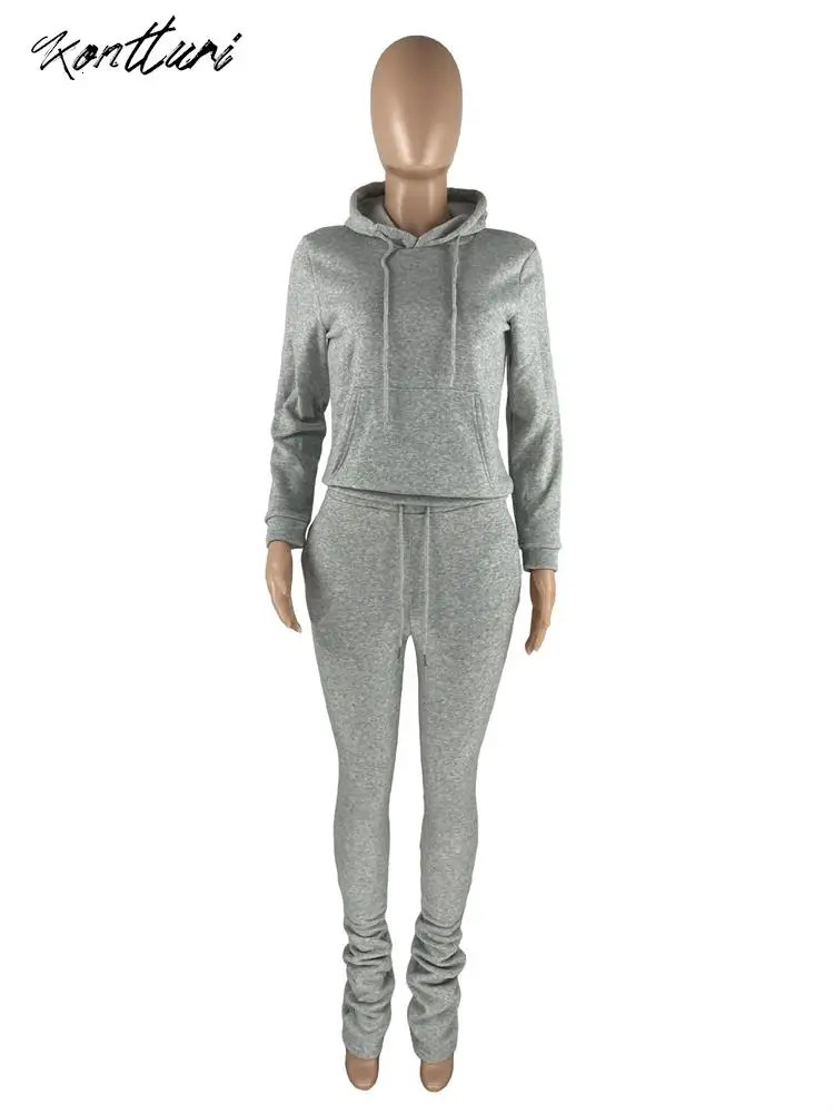 Kontturi Autumn Set Two Piece Womens Long Sleeve Black Hoodie Casual Pink Solid Shining Pants 240929