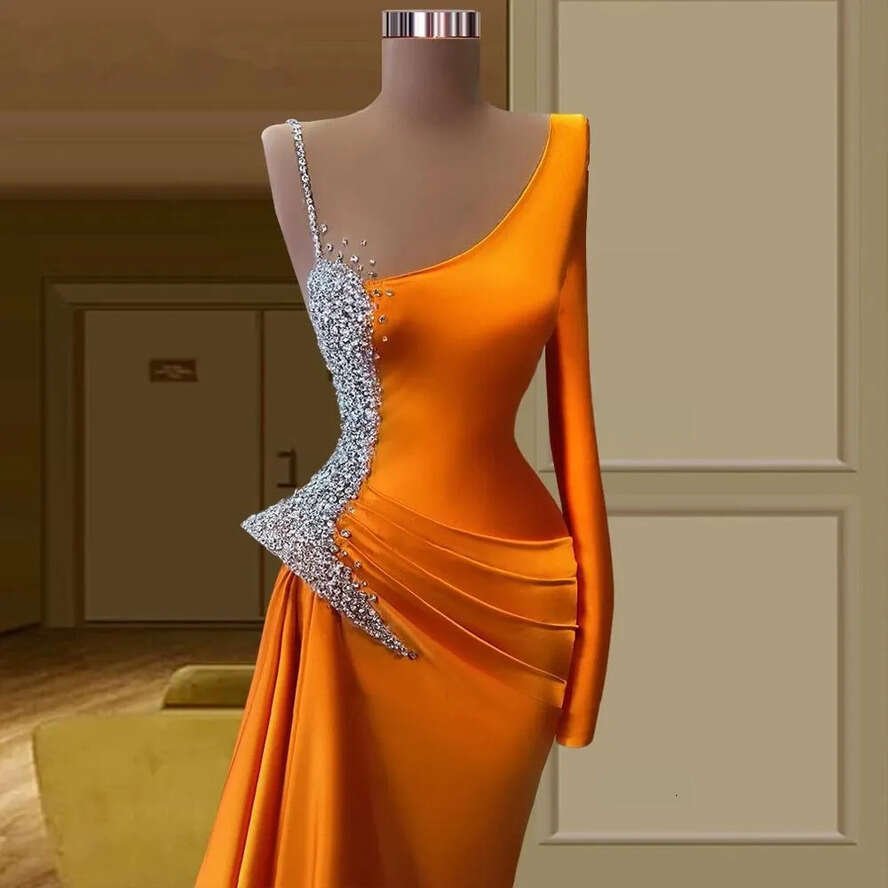 Sexy Orange Crystals 2022 Mermaid Evening Dress Long Vestidos Charming Prom Dresses One Shoulder Formal Party Gown Wjy591 es