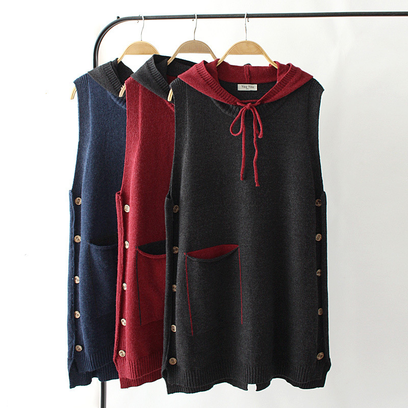 Women's Loose Long Knitted Pullover, Sweater Vest, Winter, Block Color, Hooded, Side Buttons, Curve Jumper, Plus Size, 4Xl